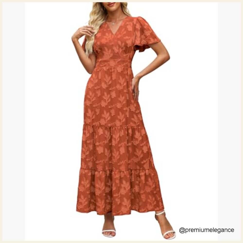 Boho Floral Maxi Dress Wrap V Neck Flutter Sleeve Tiered A Line Summer - Picture 2 of 7